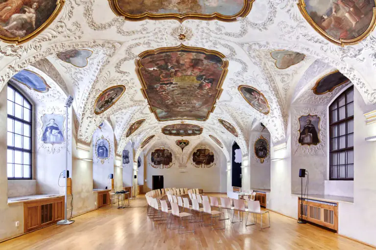 Baroque Refectory prepared for a conference beneath its frescoed ceiling