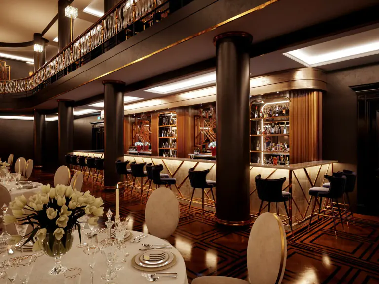 Art Deco bar and seated reception area inside Empire Hall