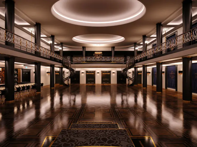 Empty Art Deco reception floor with spiral staircases in Empire Hall