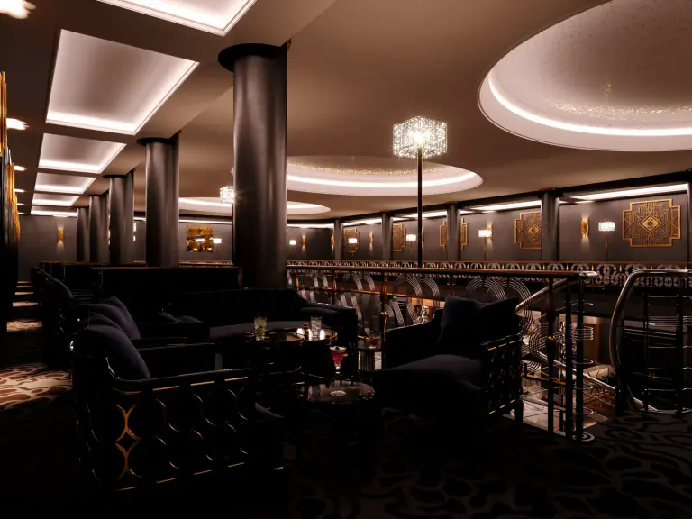 Lounge seating and geometric Art Deco details inside Empire Hall