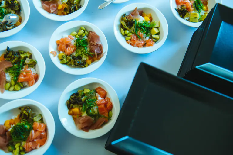 Contemporary bowls arranged for high-volume hospitality service