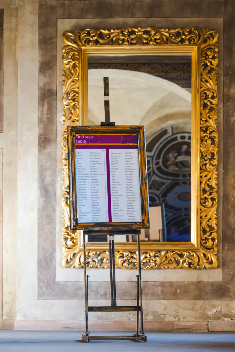 Event wayfinding displayed within an ornate historic frame