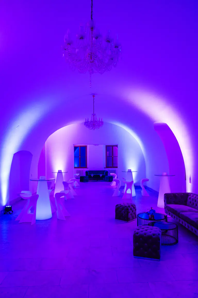 Architectural uplighting revealing the rhythm of a grand event hall