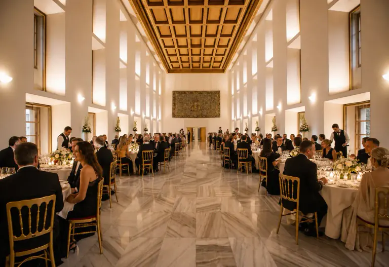 Guests dining beneath the coffered ceiling and tall windows of Rothmayer Hall