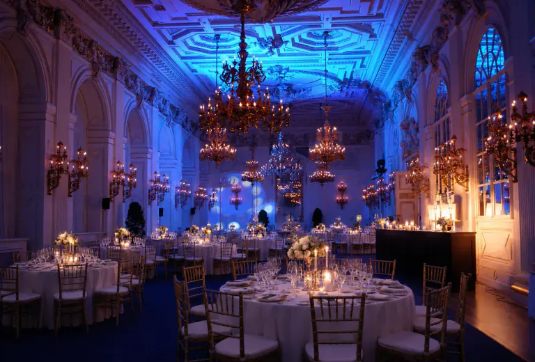 Blue and indigo gala lighting in Rudolf Gallery at Prague Castle