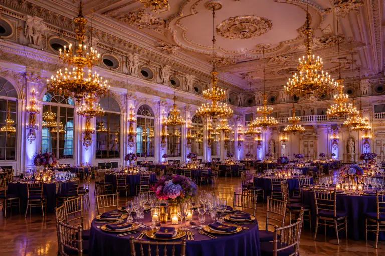 Spanish Hall styled for a luxurious blue, violet and gold gala dinner
