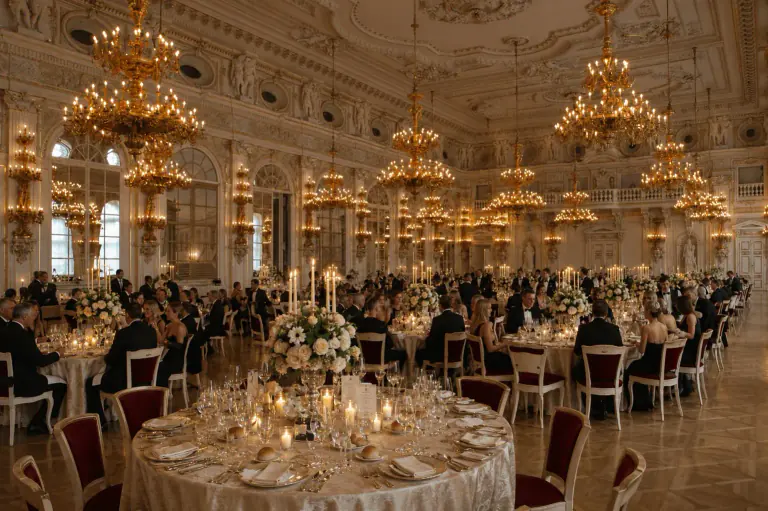 Guests seated at round gala tables beneath chandeliers in the Spanish Hall