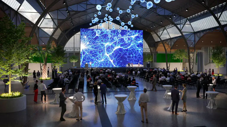 Future Industrial Palace conference visualisation with a large presentation screen