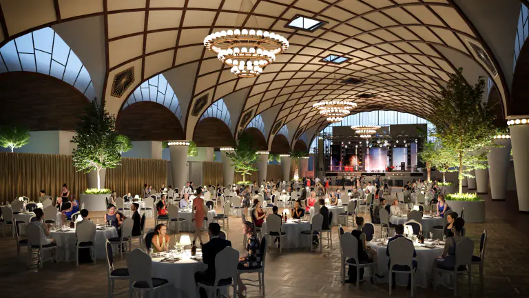 Future Industrial Palace gala dinner visualisation beneath an arched roof