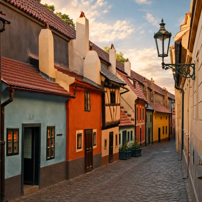 Colourful small houses along Golden Lane’s cobbled path at Prague Castle
