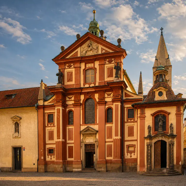 Red façade and towers of St. George’s Basilica at Prague Castle