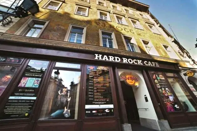 Hard Rock Cafe Prague entrance on a historic city-centre façade