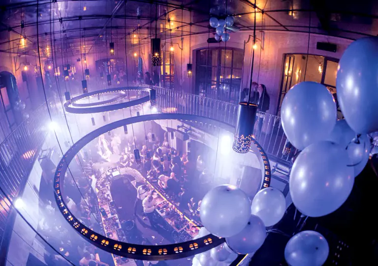 Moon Club dance floor viewed from a balcony during a reception