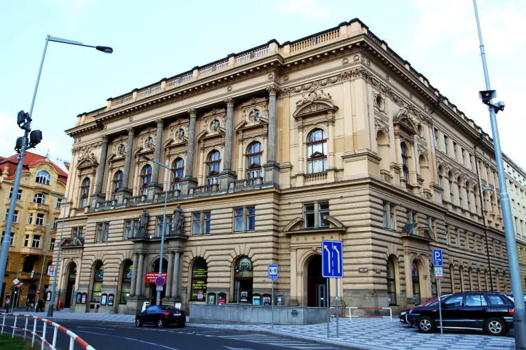 National House of Vinohrady historic façade on a Prague city street