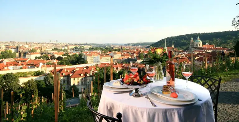 Private terrace dinner overlooking the city of Prague