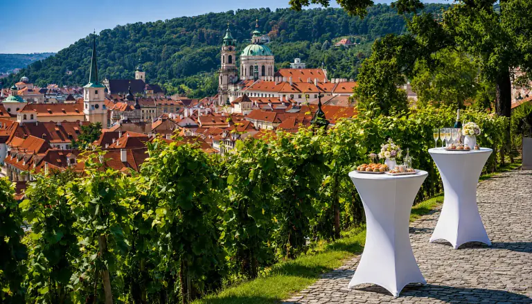 Outdoor event setup with white cocktail tables, flowers and refreshments overlooking historic Prague